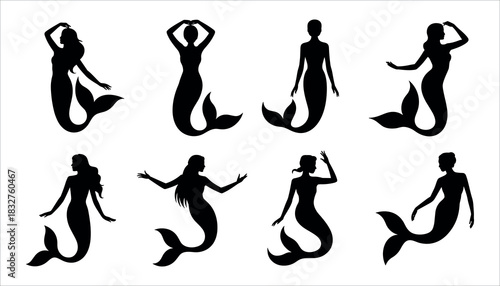 Collection of eight black silhouette mermaid figures in various poses white background fantasy