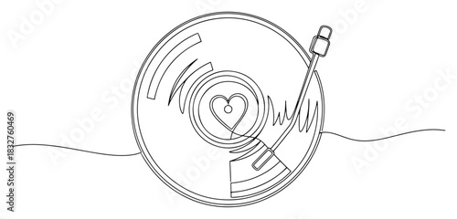Retro vinyl record player with heart symbol in center continuous one line drawing valentine music concept