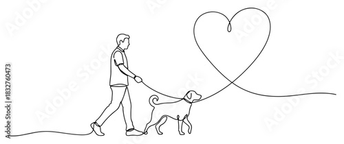 Continuous one line drawing of man walking dog with leash forming heart shape showing pet love