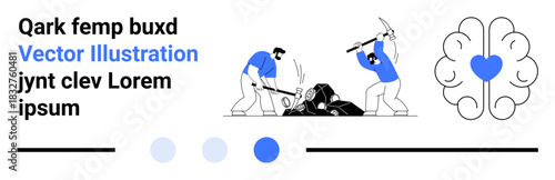 Two people working on rock excavation with pickaxes, next to a brain icon with a heart. Ideal for teamwork, collaboration, problem-solving, innovation, determination, creativity, simple landing page