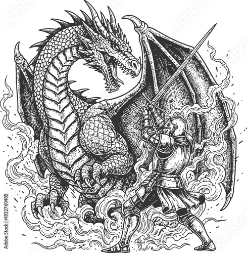 Dark fantasy dragon depiction in a circular frame, mythical beast engraving style