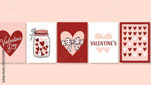 Valentine's Day themed graphic designs with hearts and love messages.