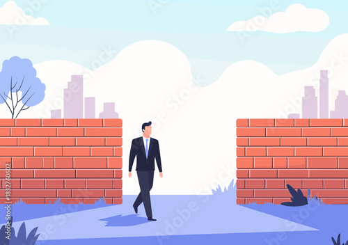 Confused businessman walking on road between two brick walls creating barrier obstruction with city skyline and clouds background flat vector illustration