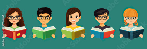 Group of diverse young students reading open books educational learning concept flat vector illustration faceless characters isolated on teal background