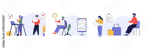 Business people using digital devices for time management and productivity tracking with clock, checklist, calendar, and scheduling icons in flat minimalist style