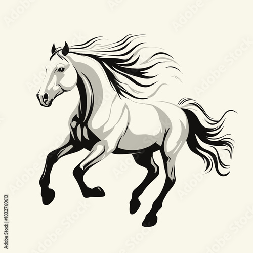 Dynamic white horse with flowing mane and tail galloping fast isolated minimalist vector design on light background with black shadow accents and smooth lines for equine art and nature themes