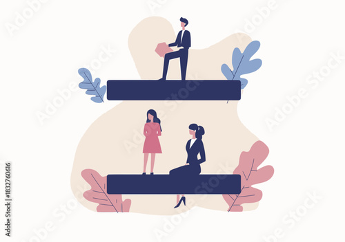 Business man standing above business women on unequal platforms concept of gender inequality work social discrimination flat vector illustration