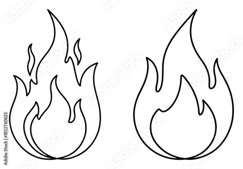 Continuous one line drawing of a fire flame alongside a standard outline icon minimalist vector illustration of heat and energy