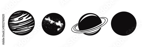 Black silhouette vector set of four planets including striped planet, starry planet, ringed planet, and solid black planet isolated on white background in minimalist flat style