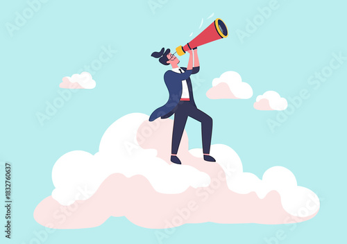 Businessman standing on cloud looking through telescope visionary future leadership strategy innovation concept flat vector illustration
