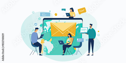 Business team collaborating on digital communication with global email marketing concept and laptop devices in flat minimalist style vector illustration