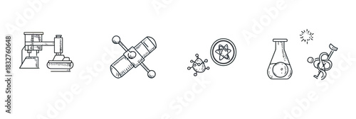 Hand drawn scientific laboratory doodle icons set with microscope, telescope, virus, atom, flask, DNA chemistry and research outline elements vector illustration
