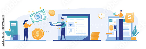 Online banking transaction concept with people transferring electronic funds, digital payment, money transfer between accounts and secure financial technology