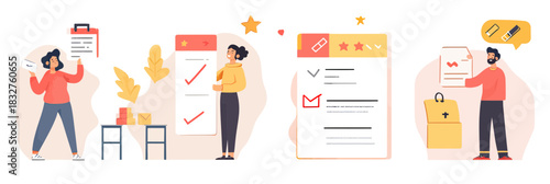 Online Survey Completion and Feedback Rating Concept with Characters Filling Checklist, Marking Answers, and Giving Five Star Reviews in Flat Minimalist Style Vector Illustration