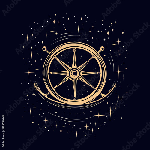 Abstract vintage nautical ship steering wheel surrounded by glowing stars and cosmic space elements on dark background vector illustration