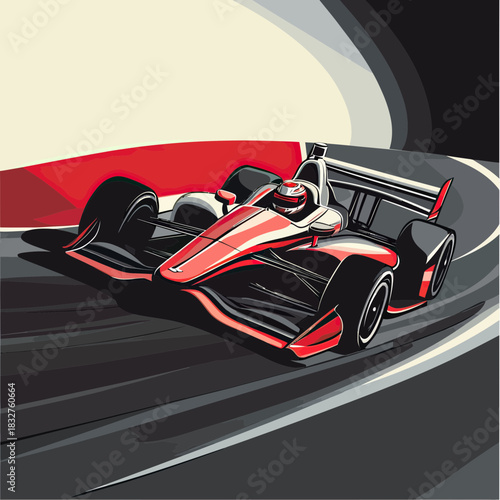 Red and black open wheel race car speeding on curved track flat minimalist vector illustration with driver helmet and aerodynamic body design