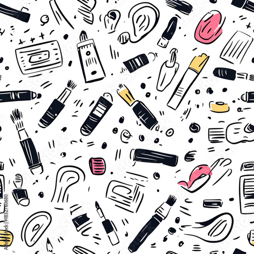 Seamless pattern of hand drawn beauty and makeup brushes lipstick mirror and cosmetic accessories doodle sketch with colorful accents on white background vector illustration for fabric textile design