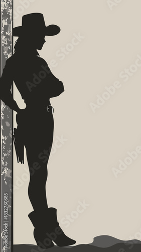 Silhouette of a cowgirl leaning on rustic wall with crossed arms wearing wide brim hat boots and belt in minimalist style vector illustration