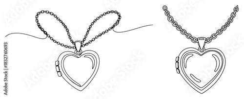 Set of heart shaped locket necklace pendants including a continuous one line drawing and a detailed outline vector illustration of jewelry