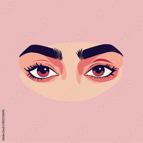 Close-up female eyes with dark circles under eyes minimalist flat vector illustration on pink background showing tiredness and fatigue concept