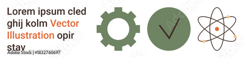 Industry, verification, education, research, technology, and innovation. Gear symbol, checkmark inside a circle and atomic structure outline. Industry and verification through icons