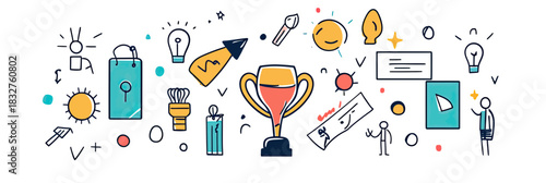 Creative achievement success concept with trophy cup certificate ribbon light bulb and pen illustrating innovation business victory and award celebration in minimal doodle style