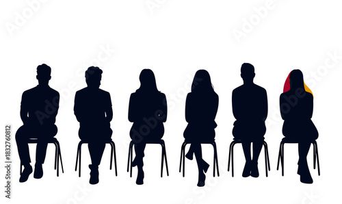 Silhouettes of six diverse seated people in a row on chairs against white background with minimalist flat vector style and two highlighted colored female figures