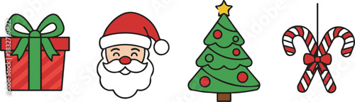 A charming horizontal set of four classic cartoon Christmas icons: a wrapped gift, Santa Claus's face, a decorated Christmas tree, and two hanging candy canes.