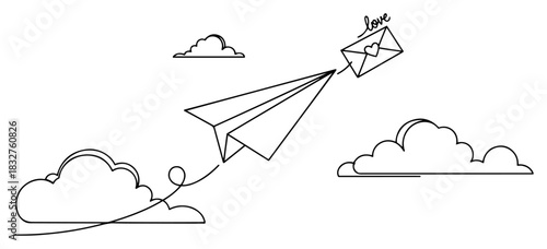 Paper airplane pulling love letter envelope in clouds continuous one line drawing romantic valentine vector
