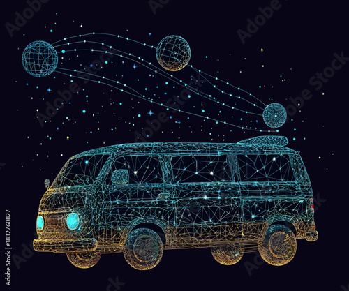 Futuristic wireframe van with starry night sky and orbiting planets digital space travel concept illustration vector design