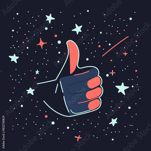 Abstract hand giving thumbs up with stars and space elements in flat minimalist style vector illustration for approval and positivity concept