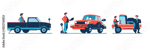 Flat minimalist vector illustration of car repair and roadside assistance with tow truck driver and auto mechanic servicing vehicle roadside help concept