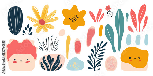 Colorful abstract floral and leaf shapes with playful faces, organic doodle elements, and minimalist flat vector design in warm pastel colors for creative design projects