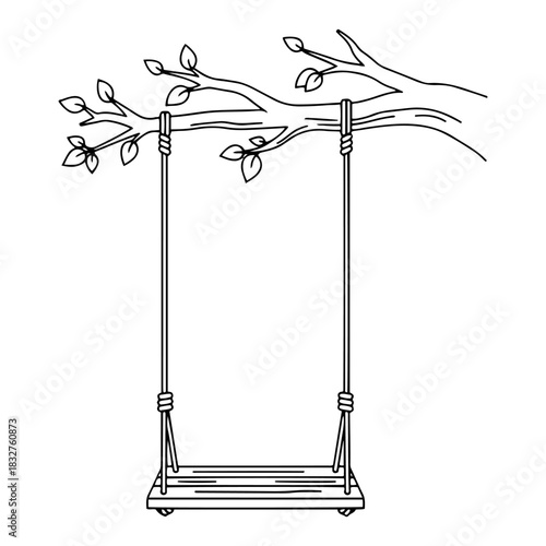 Empty wooden swing hanging from tree branch continuous line drawing nature and childhood vector illustration