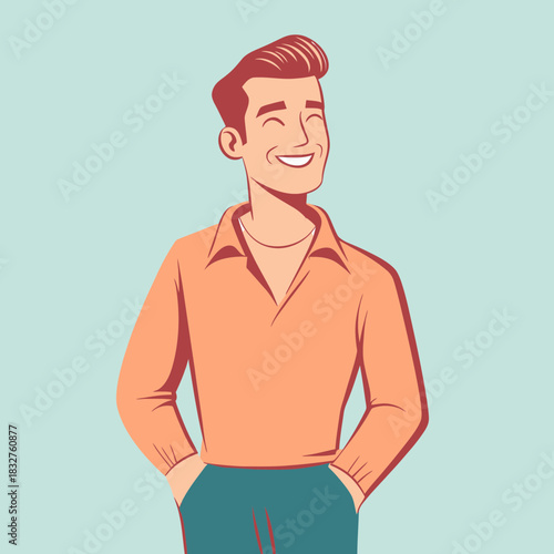 Happy smiling man with hands in pockets wearing retro orange shirt and teal pants in flat minimalist vector style illustration