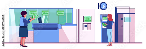 Bank customer withdrawing cash from ATM machine while teller counts money at service window in modern bank interior flat vector illustration