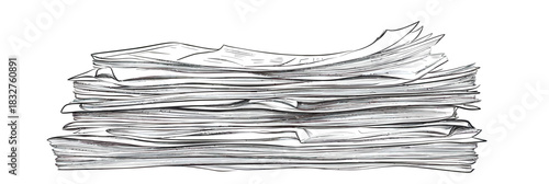 Stack of newspapers line drawing illustration with multiple sheets piled up in minimalist black and white vector sketch style for media concept design