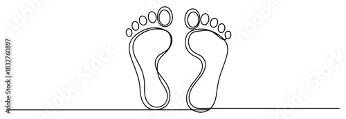 Pair of human footprints continuous one line drawing barefoot walking symbol vector illustration