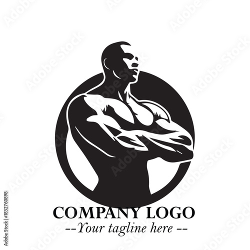 Man With Muscle Logo Symbol in Black on White Background for Strong Bold Fitness Branding Design Art