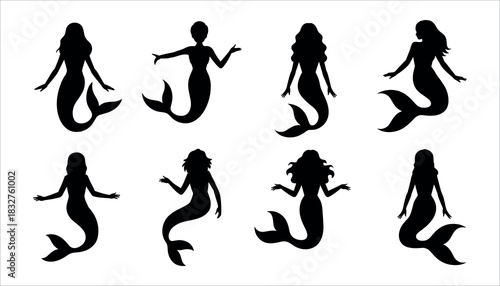 Eight Black Silhouette Mermaids Posed Against White Background fantasy