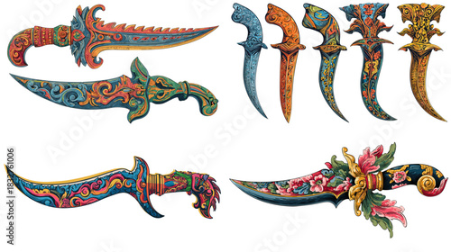 A striking collection of ornate knives decorated with colorful patterns, detailed handles, and artistic motifs inspired by cultural craftsmanship and symbolic design.