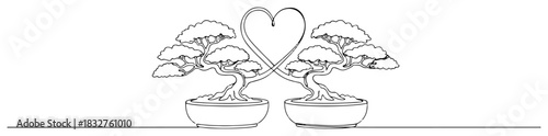 Two bonsai trees growing together forming a heart shape with branches in continuous line drawing vector illustration for romantic nature design