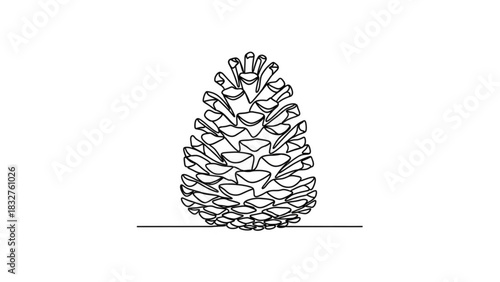 A minimalist black and white line drawing of a single pine cone standing upright on a thin horizontal line against a plain white background
