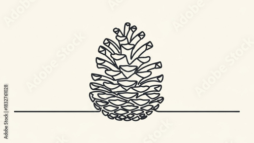 A minimalist single line drawing of a pine cone with a simple horizontal line extending from its base on a cream background