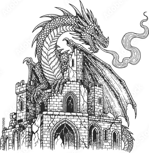 Dark mythical dragon perched atop an ancient castle fortress with smoke exhaling from its mouth