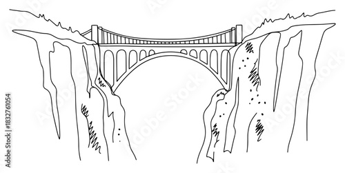 Continuous one line drawing of an arched bridge connecting two rocky cliffs over a canyon vector illustration of travel and connection