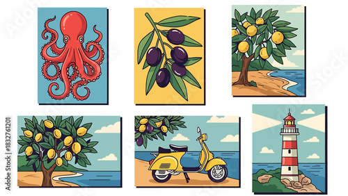 Collection of six vibrant Mediterranean-themed illustrations featuring an octopus, olives, lemon trees, a scooter, and a lighthouse by the sea.
