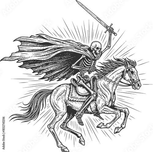 Dark rider on horseback with sword and flowing cape on black background with radiating lines