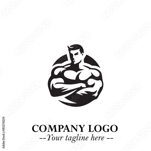 Man With Muscle Logo Symbol in Black on White Background for Strong Bold Fitness Branding Design Art