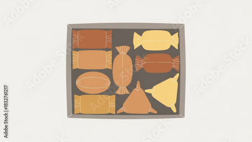 A charming and minimalist illustration of assorted candies in a box featuring a variety of shapes and warm earthy tones